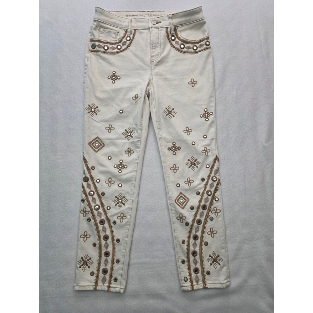 Chico's So Slimming Girlfriend Leg Ankle Jeans 0.5 R Cream Boho Studded